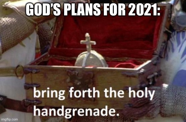 Bring forth the holy hand grenade | GOD’S PLANS FOR 2021: | image tagged in bring forth the holy hand grenade | made w/ Imgflip meme maker