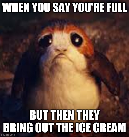 Sad Porg wants Ice Cream | WHEN YOU SAY YOU'RE FULL; BUT THEN THEY BRING OUT THE ICE CREAM | image tagged in birthday,ice cream,star wars | made w/ Imgflip meme maker