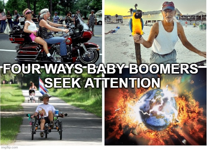 Baby Boomers | FOUR WAYS BABY BOOMERS 
SEEK ATTENTION | image tagged in baby boomers | made w/ Imgflip meme maker
