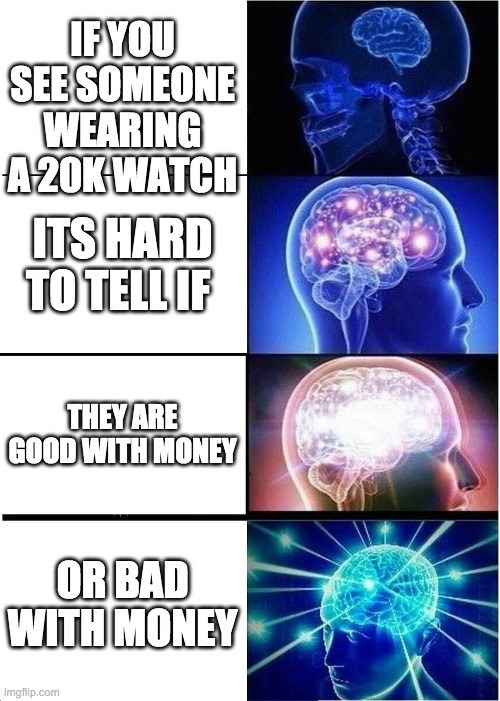 ? | IF YOU SEE SOMEONE WEARING A 20K WATCH; ITS HARD TO TELL IF; THEY ARE GOOD WITH MONEY; OR BAD WITH MONEY | image tagged in memes,expanding brain,funny | made w/ Imgflip meme maker