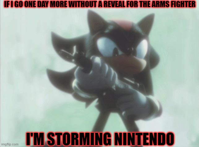 I WANT TO KNOW | IF I GO ONE DAY MORE WITHOUT A REVEAL FOR THE ARMS FIGHTER; I'M STORMING NINTENDO | image tagged in shadow with an smg,super smash bros,dlc,arms | made w/ Imgflip meme maker