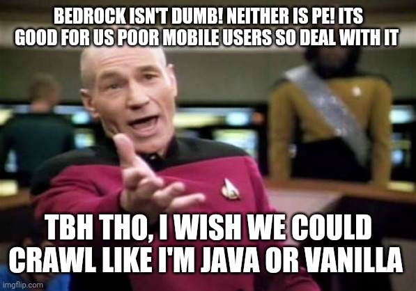 Picard Wtf Meme | BEDROCK ISN'T DUMB! NEITHER IS PE! ITS GOOD FOR US POOR MOBILE USERS SO DEAL WITH IT; TBH THO, I WISH WE COULD CRAWL LIKE I'M JAVA OR VANILLA | image tagged in memes,picard wtf | made w/ Imgflip meme maker