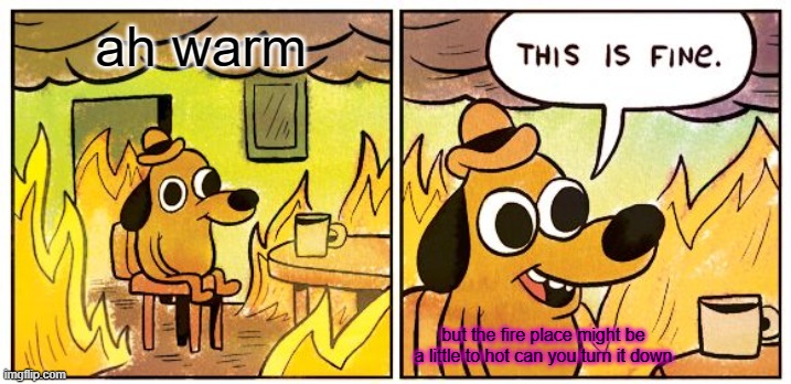 This Is Fine | ah warm; but the fire place might be a little to hot can you turn it down | image tagged in memes,this is fine | made w/ Imgflip meme maker