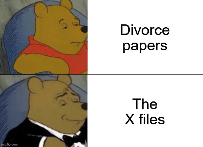I'm very mean. | Divorce papers; The X files | image tagged in memes,tuxedo winnie the pooh | made w/ Imgflip meme maker