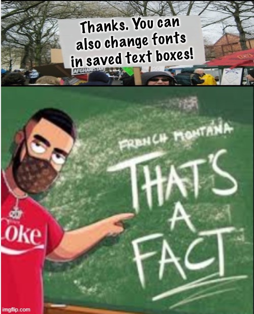 Thats a fact | Thanks. You can also change fonts in saved text boxes! | image tagged in thats a fact | made w/ Imgflip meme maker
