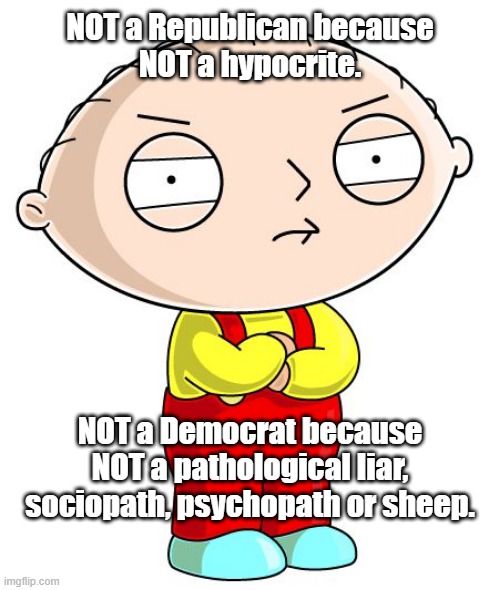 Not a Republican, Not a Democrat | NOT a Republican because
NOT a hypocrite. NOT a Democrat because
NOT a pathological liar,
sociopath, psychopath or sheep. | image tagged in stewie griffin | made w/ Imgflip meme maker