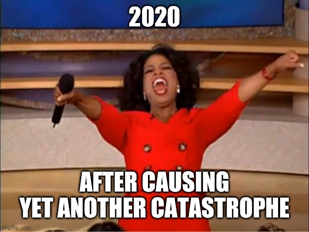 2020 is problematic | 2020; AFTER CAUSING YET ANOTHER CATASTROPHE | image tagged in memes,oprah you get a,2020,riots,coronavirus,murder hornet | made w/ Imgflip meme maker