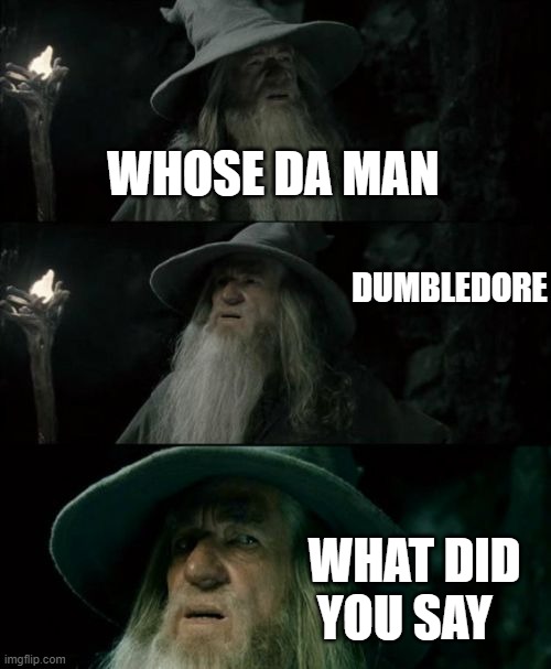 Confused Gandalf Meme | WHOSE DA MAN; DUMBLEDORE; WHAT DID YOU SAY | image tagged in memes,confused gandalf | made w/ Imgflip meme maker