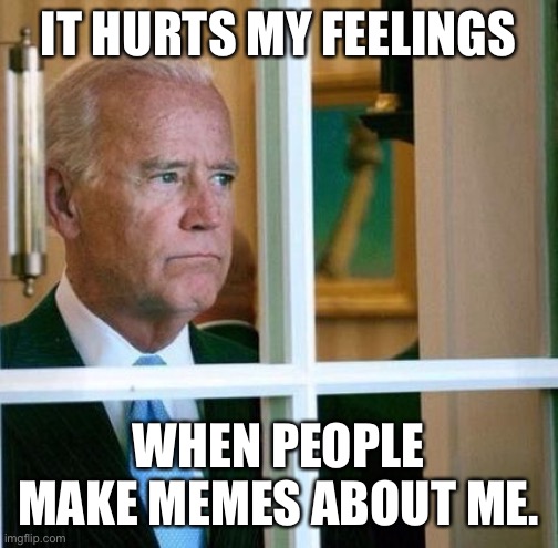 Sad Joe Biden | IT HURTS MY FEELINGS; WHEN PEOPLE MAKE MEMES ABOUT ME. | image tagged in sad joe biden | made w/ Imgflip meme maker