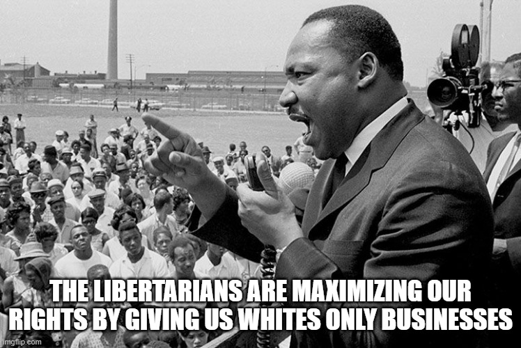 rectifying racism mlk | THE LIBERTARIANS ARE MAXIMIZING OUR RIGHTS BY GIVING US WHITES ONLY BUSINESSES | image tagged in rectifying racism mlk | made w/ Imgflip meme maker