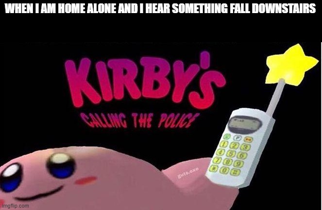 Home alone kirbo | WHEN I AM HOME ALONE AND I HEAR SOMETHING FALL DOWNSTAIRS | image tagged in kirby's calling the police | made w/ Imgflip meme maker