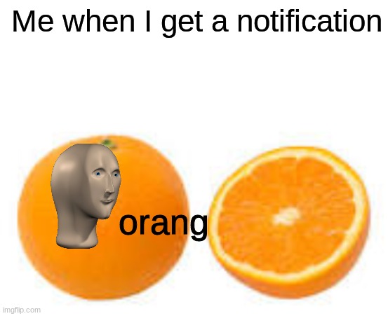 orang | Me when I get a notification; orang | image tagged in blank white template,meme man,orange | made w/ Imgflip meme maker
