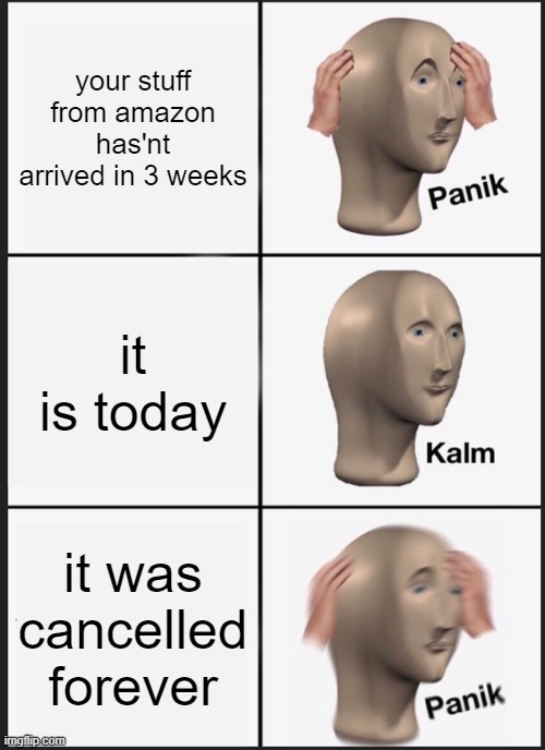 Amazon sucks | your stuff from amazon has'nt arrived in 3 weeks; it is today; it was cancelled forever | image tagged in memes,panik kalm panik | made w/ Imgflip meme maker