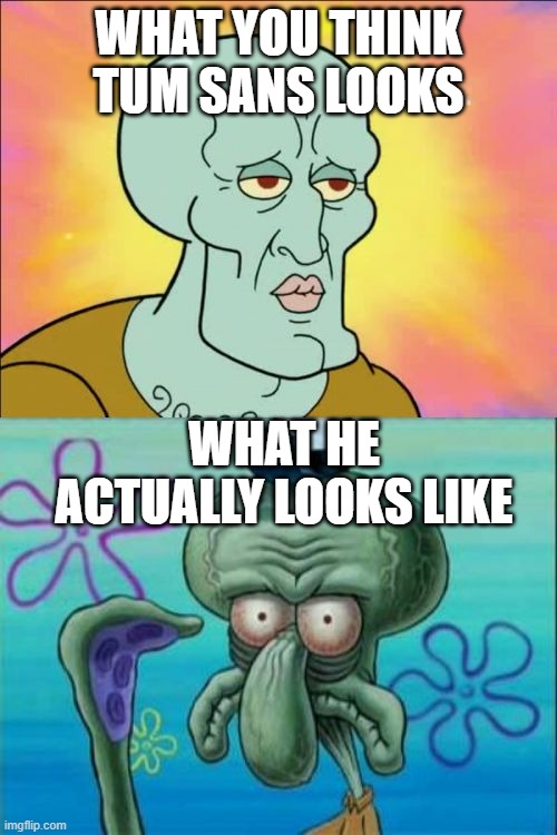 Squidward | WHAT YOU THINK TUM SANS LOOKS; WHAT HE ACTUALLY LOOKS LIKE | image tagged in memes,squidward | made w/ Imgflip meme maker