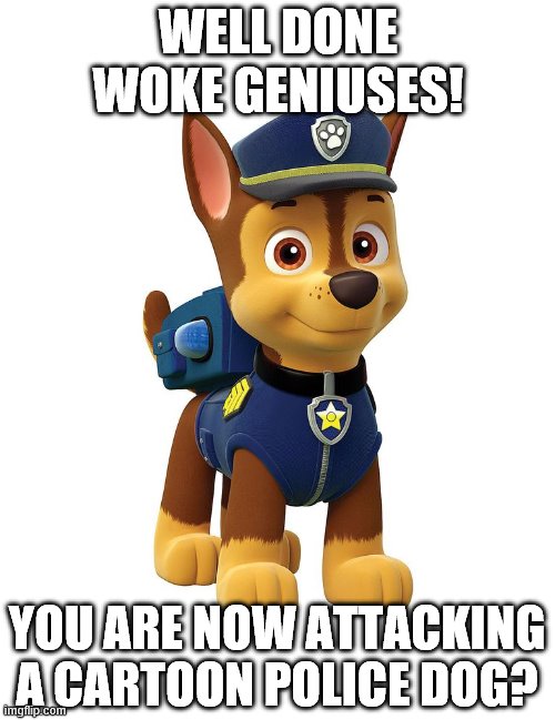Paw Patrol Chase | WELL DONE
WOKE GENIUSES! YOU ARE NOW ATTACKING A CARTOON POLICE DOG? | image tagged in paw patrol | made w/ Imgflip meme maker