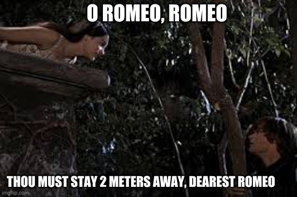 Romeo and juliet | O ROMEO, ROMEO; THOU MUST STAY 2 METERS AWAY, DEAREST ROMEO | image tagged in funny memes | made w/ Imgflip meme maker