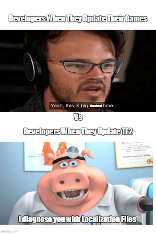 TF2 Needs More Love | Developers When They Update Their Games; Content; Vs; Developers When They Update TF2; I diagnose you with Localization Files | image tagged in memes | made w/ Imgflip meme maker