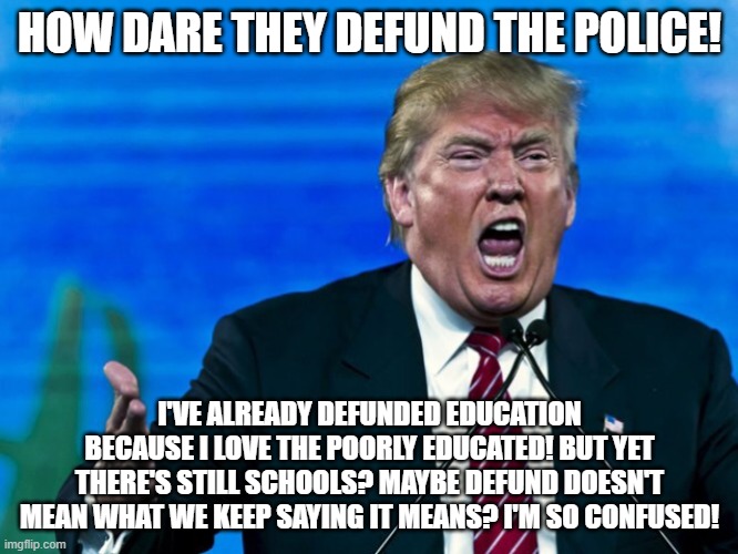 trump yelling | HOW DARE THEY DEFUND THE POLICE! I'VE ALREADY DEFUNDED EDUCATION BECAUSE I LOVE THE POORLY EDUCATED! BUT YET THERE'S STILL SCHOOLS? MAYBE DEFUND DOESN'T MEAN WHAT WE KEEP SAYING IT MEANS? I'M SO CONFUSED! | image tagged in trump yelling | made w/ Imgflip meme maker