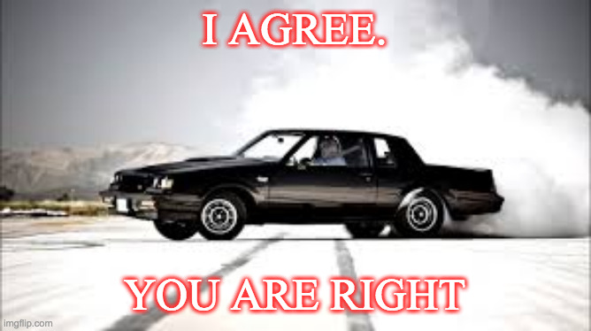 grand national boi | I AGREE. YOU ARE RIGHT | image tagged in burnout buick | made w/ Imgflip meme maker
