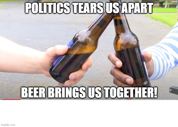 beer brings together | POLITICS TEARS US APART; BEER BRINGS US TOGETHER! | image tagged in lets have a beer,beer brings together | made w/ Imgflip meme maker