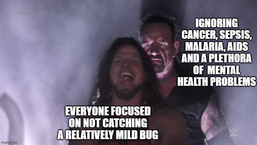 Lockdown Reality |  IGNORING CANCER, SEPSIS, MALARIA, AIDS AND A PLETHORA OF  MENTAL HEALTH PROBLEMS; EVERYONE FOCUSED ON NOT CATCHING A RELATIVELY MILD BUG | image tagged in aj styles  undertaker,covid-19,lockdown,2020 | made w/ Imgflip meme maker