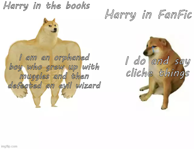 There can be good FanFic, but it's very rare. | Harry in the books; Harry in FanFic; I am an orphaned boy who grew up with muggles and then defeated an evil wizard; I do and say cliche things | image tagged in buff doge vs cheems | made w/ Imgflip meme maker