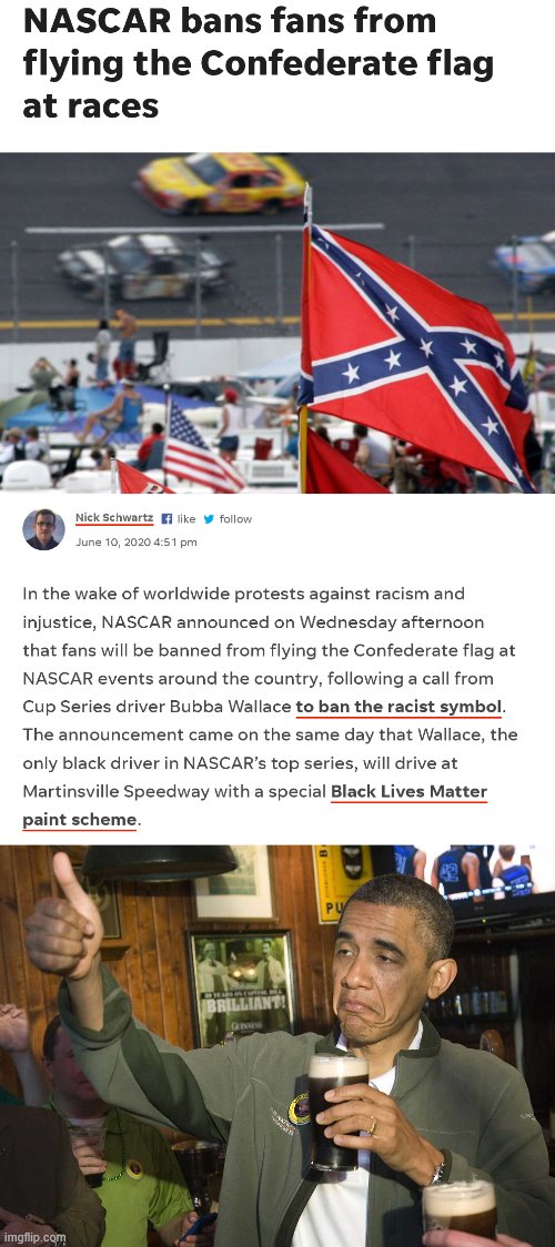 This is a big one. Good job NASCAR. | image tagged in obama cheers,nascar bans confederate flag,nascar,confederate flag,confederacy,good job | made w/ Imgflip meme maker