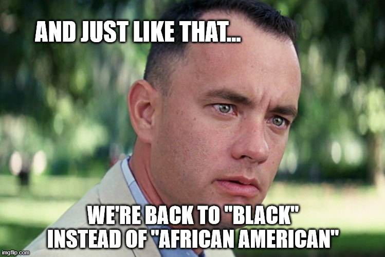 I don't get it either. | AND JUST LIKE THAT... WE'RE BACK TO "BLACK" INSTEAD OF "AFRICAN AMERICAN" | image tagged in memes,and just like that,black people,political correctness,all lives matter | made w/ Imgflip meme maker