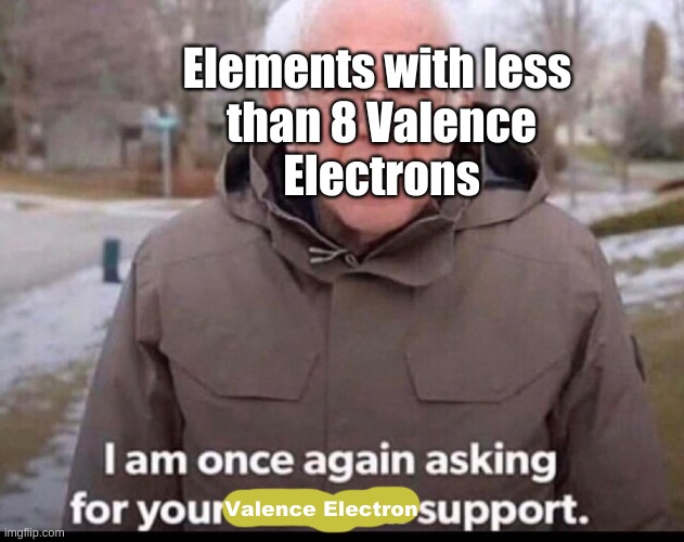 Valence Electrons | Elements with less 
than 8 Valence
Electrons; Valence Electron | image tagged in bernie sanders financial support,science,funny,memes,scientist,bernie sanders | made w/ Imgflip meme maker