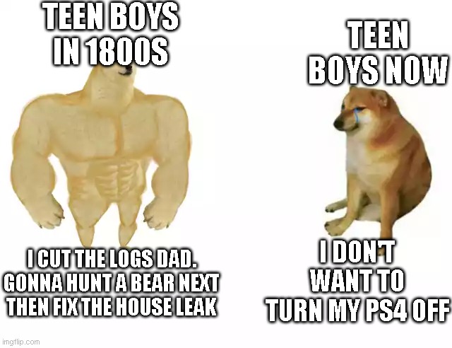 Gonna make a meme about this before it commit die. | TEEN BOYS IN 1800S; TEEN BOYS NOW; I DON'T WANT TO TURN MY PS4 OFF; I CUT THE LOGS DAD. GONNA HUNT A BEAR NEXT THEN FIX THE HOUSE LEAK | image tagged in buff doge vs cheems | made w/ Imgflip meme maker