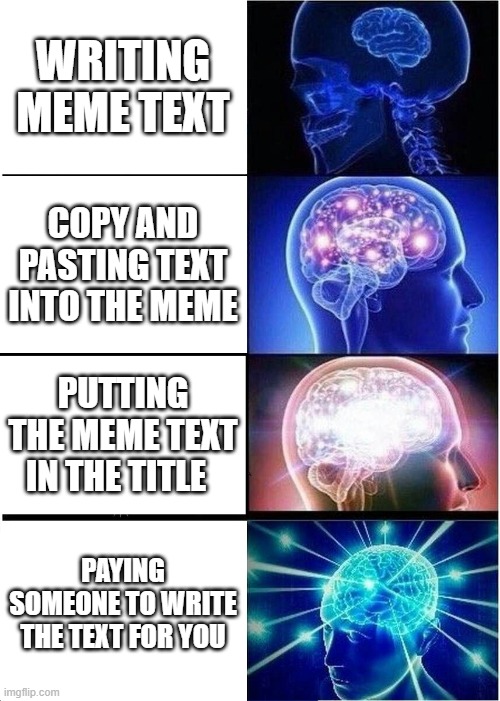 no one: Me: | WRITING MEME TEXT; COPY AND PASTING TEXT INTO THE MEME; PUTTING THE MEME TEXT IN THE TITLE; PAYING SOMEONE TO WRITE THE TEXT FOR YOU | image tagged in memes,expanding brain | made w/ Imgflip meme maker