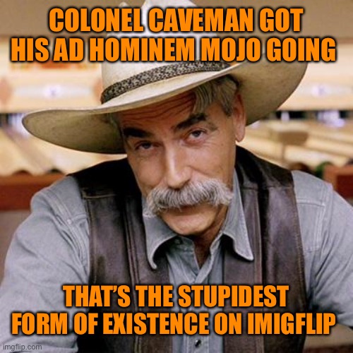 SARCASM COWBOY | COLONEL CAVEMAN GOT HIS AD HOMINEM MOJO GOING THAT’S THE STUPIDEST FORM OF EXISTENCE ON IMIGFLIP | image tagged in sarcasm cowboy | made w/ Imgflip meme maker