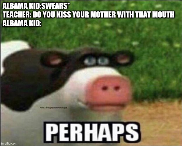 Perhaps Cow | ALBAMA KID:SWEARS*
TEACHER: DO YOU KISS YOUR MOTHER WITH THAT MOUTH
ALBAMA KID: | image tagged in perhaps cow | made w/ Imgflip meme maker