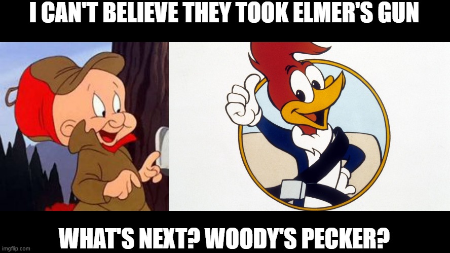 Damn PC Culture | I CAN'T BELIEVE THEY TOOK ELMER'S GUN; WHAT'S NEXT? WOODY'S PECKER? | image tagged in elmer fudd,woody woodpecker | made w/ Imgflip meme maker