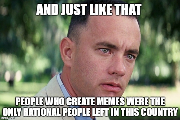 chill my babies | AND JUST LIKE THAT; PEOPLE WHO CREATE MEMES WERE THE ONLY RATIONAL PEOPLE LEFT IN THIS COUNTRY | image tagged in memes,and just like that,forrest gump | made w/ Imgflip meme maker