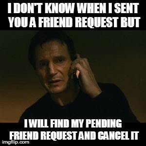 Liam Neeson Taken Meme | I DON'T KNOW WHEN I SENT YOU A FRIEND REQUEST BUT I WILL FIND MY PENDING FRIEND REQUEST AND CANCEL IT | image tagged in memes,liam neeson taken | made w/ Imgflip meme maker