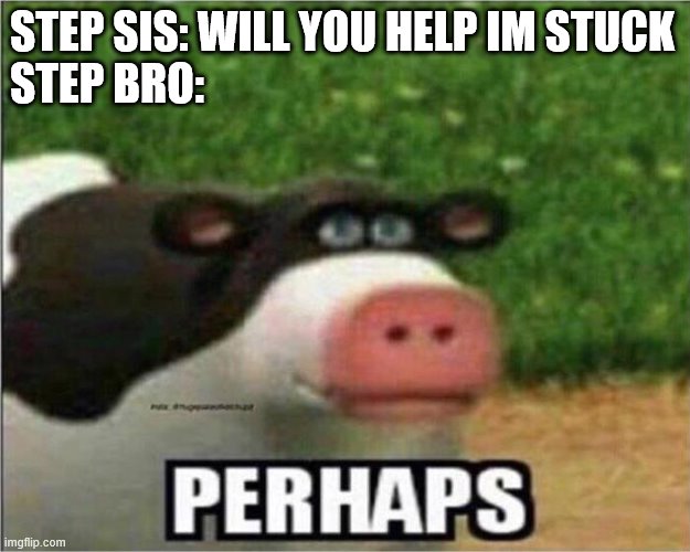 only adults will understand | STEP SIS: WILL YOU HELP IM STUCK
STEP BRO: | image tagged in perhaps cow | made w/ Imgflip meme maker