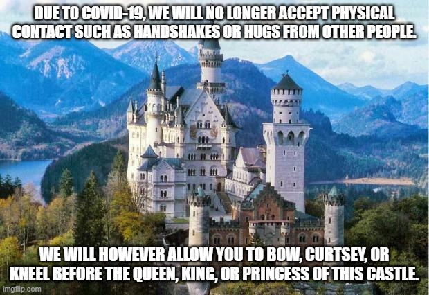 Greetings in 2020 | DUE TO COVID-19, WE WILL NO LONGER ACCEPT PHYSICAL CONTACT SUCH AS HANDSHAKES OR HUGS FROM OTHER PEOPLE. WE WILL HOWEVER ALLOW YOU TO BOW, CURTSEY, OR KNEEL BEFORE THE QUEEN, KING, OR PRINCESS OF THIS CASTLE. | image tagged in castle,covid-19,handshake,greetings,2020 | made w/ Imgflip meme maker