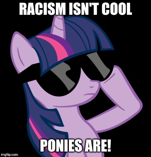 You know it's true! | RACISM ISN'T COOL; PONIES ARE! | image tagged in twilight with shades,memes,no racism,ponies | made w/ Imgflip meme maker