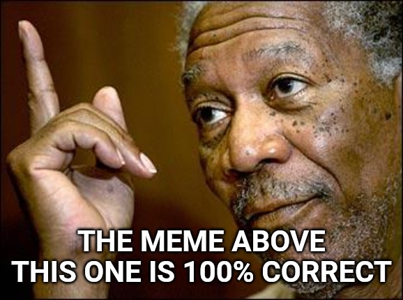 This Morgan Freeman | THE MEME ABOVE THIS ONE IS 100% CORRECT | image tagged in this morgan freeman | made w/ Imgflip meme maker
