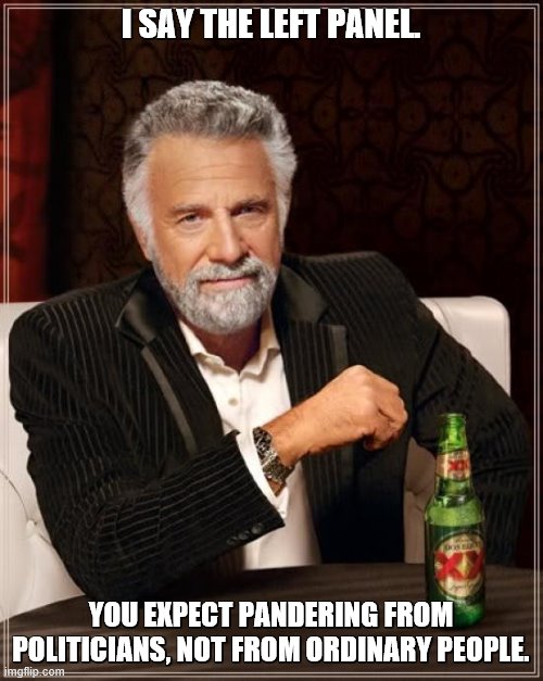 The Most Interesting Man In The World Meme | I SAY THE LEFT PANEL. YOU EXPECT PANDERING FROM POLITICIANS, NOT FROM ORDINARY PEOPLE. | image tagged in memes,the most interesting man in the world | made w/ Imgflip meme maker