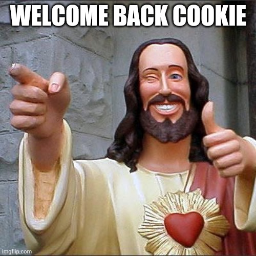 For CookieUwU-memer (if she's online) | WELCOME BACK COOKIE | image tagged in memes,buddy christ,gacha | made w/ Imgflip meme maker