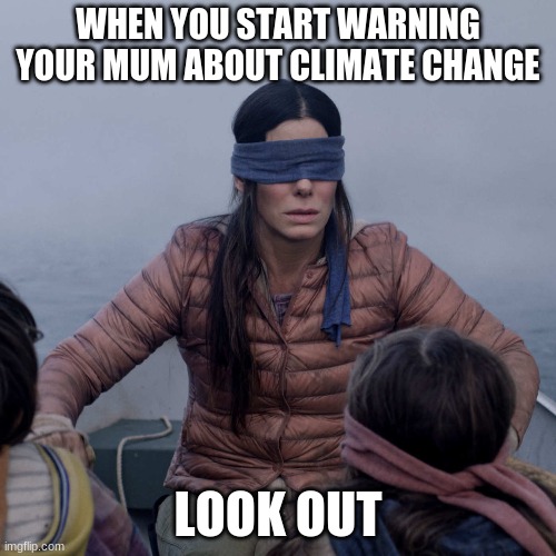Bird Box Meme | WHEN YOU START WARNING YOUR MUM ABOUT CLIMATE CHANGE; LOOK OUT | image tagged in memes,bird box | made w/ Imgflip meme maker