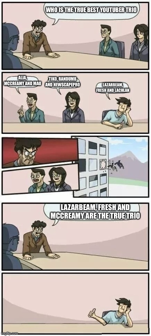 Boardroom Meeting Suggestion 2 | WHO IS THE TRUE BEST YOUTUBER TRIO; ALIA, MCCREAMY AND MAU; TIKO, RANDUMB AND NEWSCAPEPRO; LAZARBEAM, FRESH AND LACHLAN; LAZARBEAM, FRESH AND MCCREAMY ARE THE TRUE TRIO | image tagged in boardroom meeting suggestion 2 | made w/ Imgflip meme maker