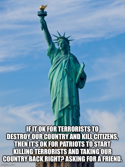 statue of liberty | IF IT OK FOR TERRORISTS TO DESTROY OUR COUNTRY AND KILL CITIZENS, THEN IT’S OK FOR PATRIOTS TO START KILLING TERRORISTS AND TAKING OUR COUNTRY BACK RIGHT? ASKING FOR A FRIEND. | image tagged in statue of liberty | made w/ Imgflip meme maker