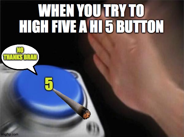 HIgh five a hi 5 | WHEN YOU TRY TO HIGH FIVE A HI 5 BUTTON; NO THANKS BRAH; 5 | image tagged in memes,blank nut button,easy,button,high,five | made w/ Imgflip meme maker