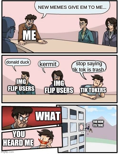 Boardroom Meeting Suggestion | NEW MEMES GIVE EM TO ME... ME; donald duck; kermit; stop saying tik tok is trash. IMG FLIP USERS; IMG FLIP USERS; TIK TOKERS; WHAT; YOU NOW ITS TRUE; YOU HEARD ME | image tagged in memes,boardroom meeting suggestion | made w/ Imgflip meme maker