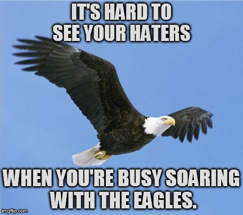 IT'S HARD TO SEE YOUR HATERS  WHEN YOU'RE BUSY SOARING WITH THE EAGLES. | made w/ Imgflip meme maker