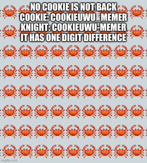 in conclusion, it may be an imposter | NO COOKIE IS NOT BACK
COOKIE: COOKIEUWU_MEMER
KNIGHT: COOKIEUWU-MEMER
IT HAS ONE DIGIT DIFFERENCE | made w/ Imgflip meme maker
