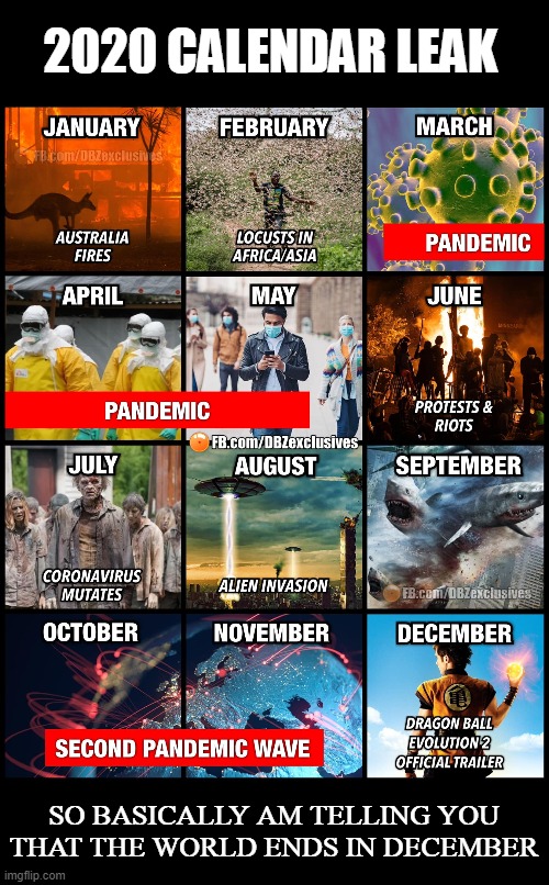 2020 CALENDER LEAK | 2020 CALENDAR LEAK; SO BASICALLY AM TELLING YOU THAT THE WORLD ENDS IN DECEMBER | image tagged in 2020,pandemic,coronavirus,aliens,dragon ball z | made w/ Imgflip meme maker